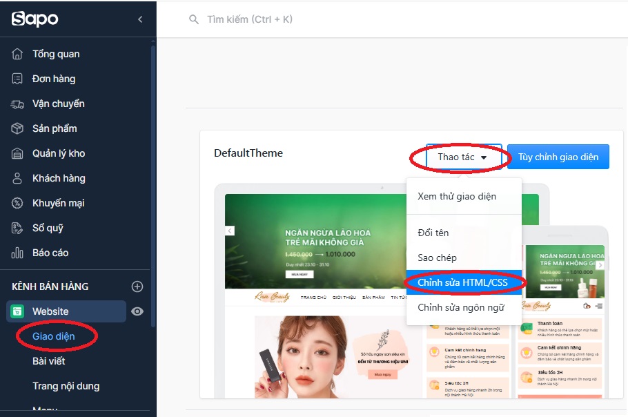 chỉnh sửa code website sapo